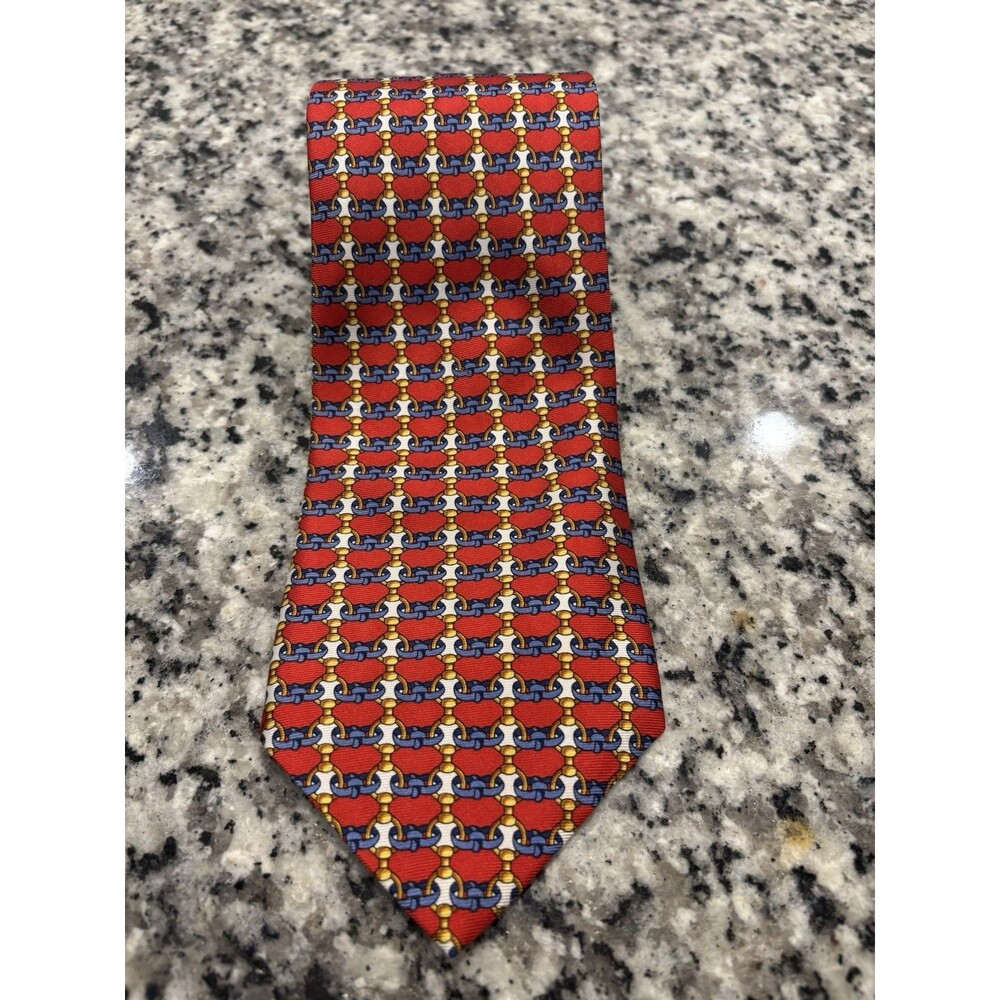 VTG Burberrys Tie Mens OS Navy Red Gold Silk Geometric Chain Link Made in France